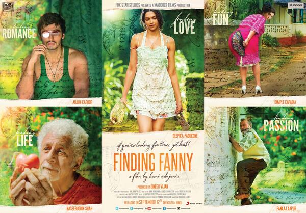 1st official poster of movie FindingFanny released on 8 July 2014 - featuring Deepika Padukone, Arjun Kapoor, Dimple Kapadia, Naseeruddin Shah and Pankaj Kapoor