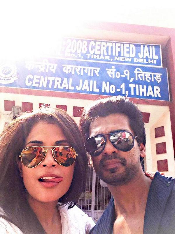 A Picture of NIKHIL DWIVEDI and Richa Chadda when they perform for the jail inmates