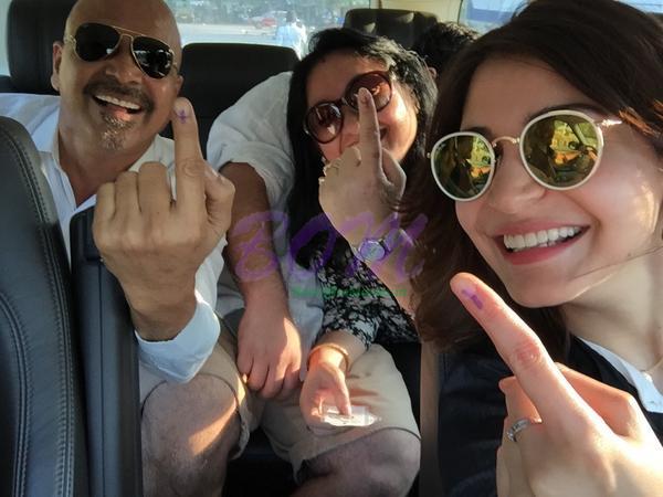ANUSHKA SHARMA with Mom Dad and Shy Brother after they got inked for voting