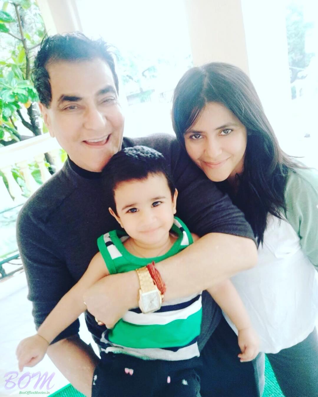 Actor Jitendra with his grandson and daughter Ekta Kapoor
