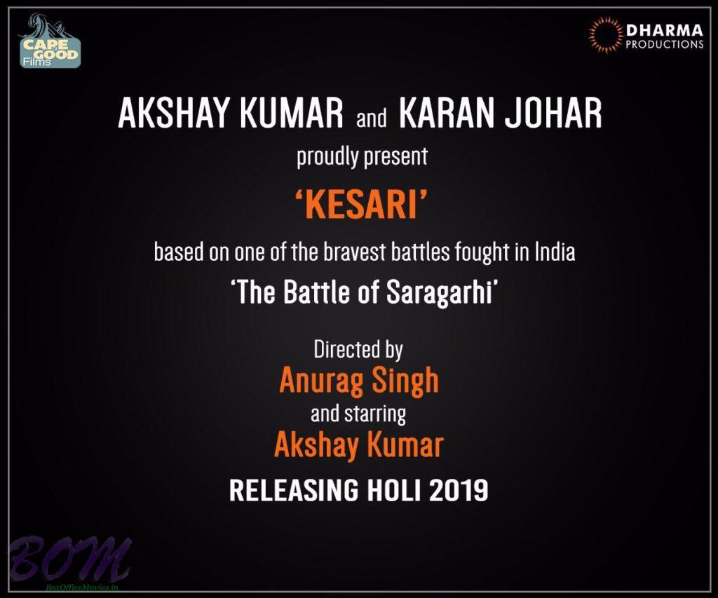 Akshay Kumar starrer Kesari to release on Holi 2019