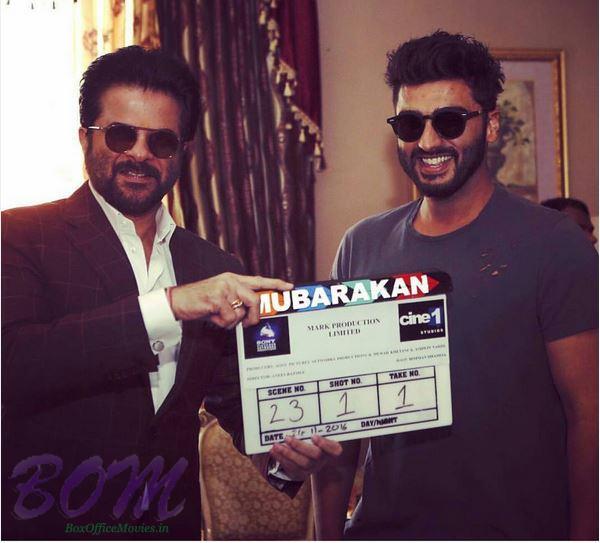 Anil Kapoor and Arjun Kapoor with the clipper of Mubarakan movie