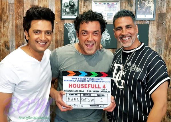 Bobby Deol, Riteish Deshmukh and Akshay Kumar on Housefull 4 mahurat shot