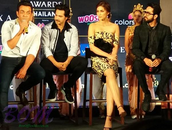 Bobby Deol, Varun Dhawan, Kriti Sanon and Ayushmann Khurrana in IIFA 2018 media event