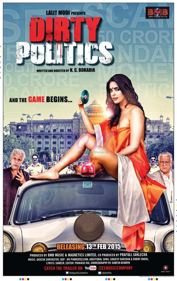 Dirty Politics movie poster is released recently showing Mallika Sherawat sitting half dressed on the top of the car while Naseeruddin Shah and Om Puri are standing just close to the car.