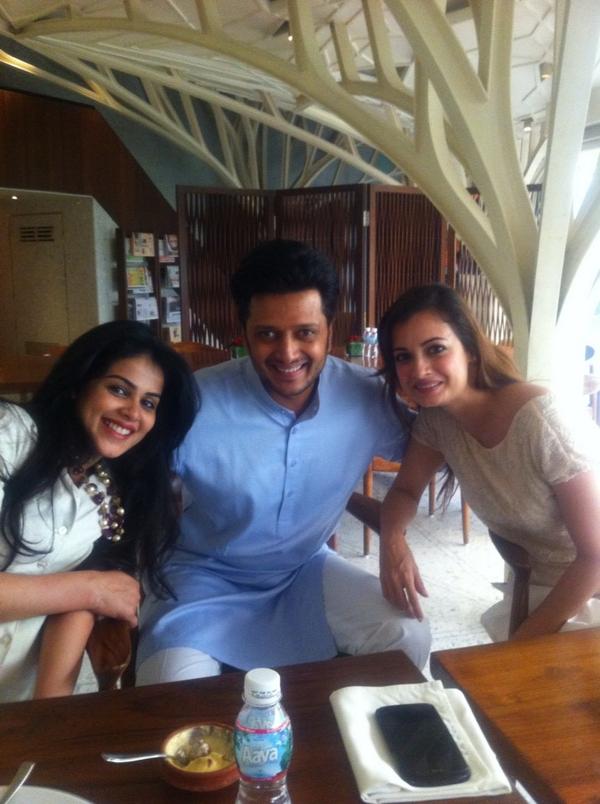 Genelia Deshmukh, Riteish Deshmukh and Dia Mirza at Dia's pre-wedding brunch