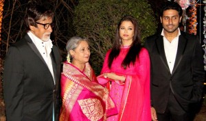 Jaya Bachchan with Abhishek Bachchan, Amitabh Bachchan, and Aishwarya Rai Bachchan