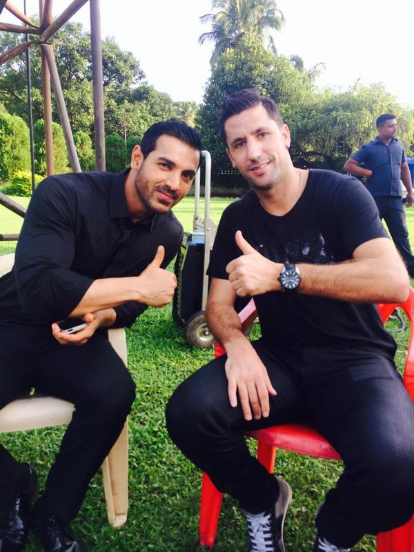 Joan capdevila and John Abraham on the sets of welcome back