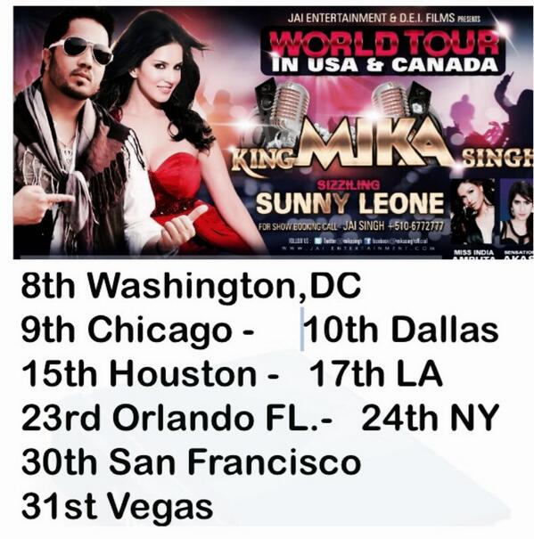 Mika Singh and Sunny Leone all set to rock USA in August 2014