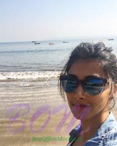 Pooja Hegde at a point where the sky touches the ocean