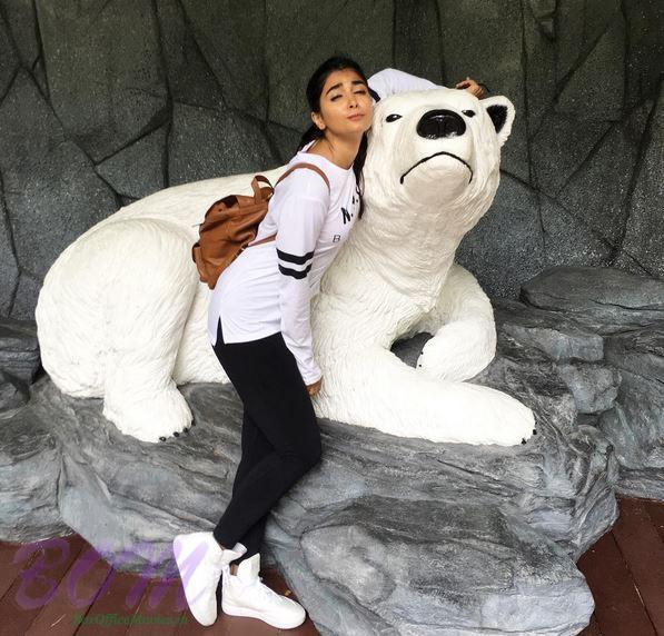 Pooja Hegde cute picture with a white bear