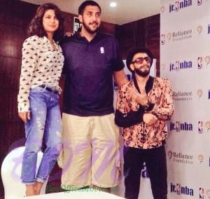 Ranveer Singh and Priyanka Chopra pose with NBA player Sim Bhullar