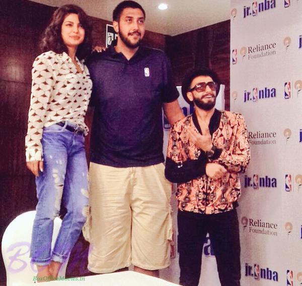 Ranveer Singh and Priyanka Chopra pose with NBA player Sim Bhullar