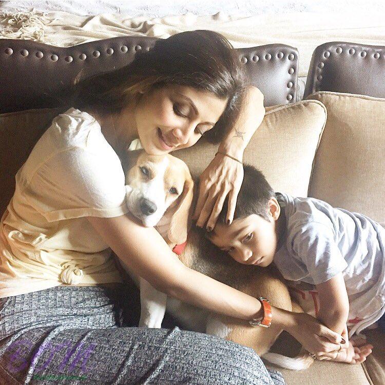 SHILPA SHETTY lazy Sunday 12 June 2016, with son Viaan and her Beagle