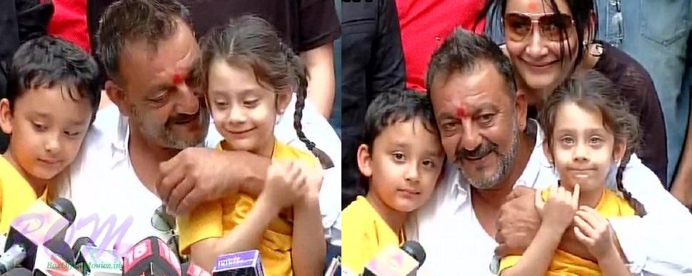 Sanjay Dutt with his wife and kids when addressing to media on release day