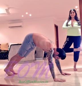 Sunny Leone Yoga pose with Daniel Weber