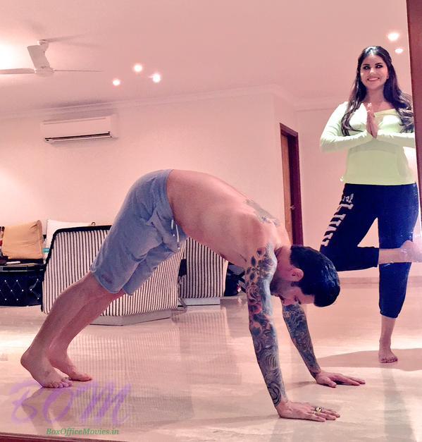 Sunny Leone Yoga pose with Daniel Weber