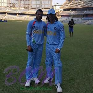 Sushant Singh Rajput with cricketer Joginder Sharma during the shooting of Dhoni Biopic