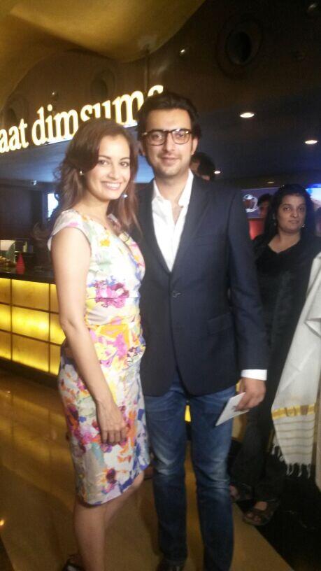 The producers, Diya Mirza and Sahil Sangha strike a pose at the Bobby Jasoos trailer launch