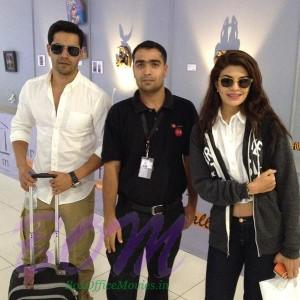 Varun Dhawan and Jacqueline with the fans at the airport.