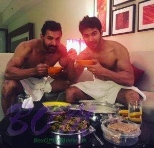 Varun Dhawan and John Abraham enjoying a deliciously heavy food