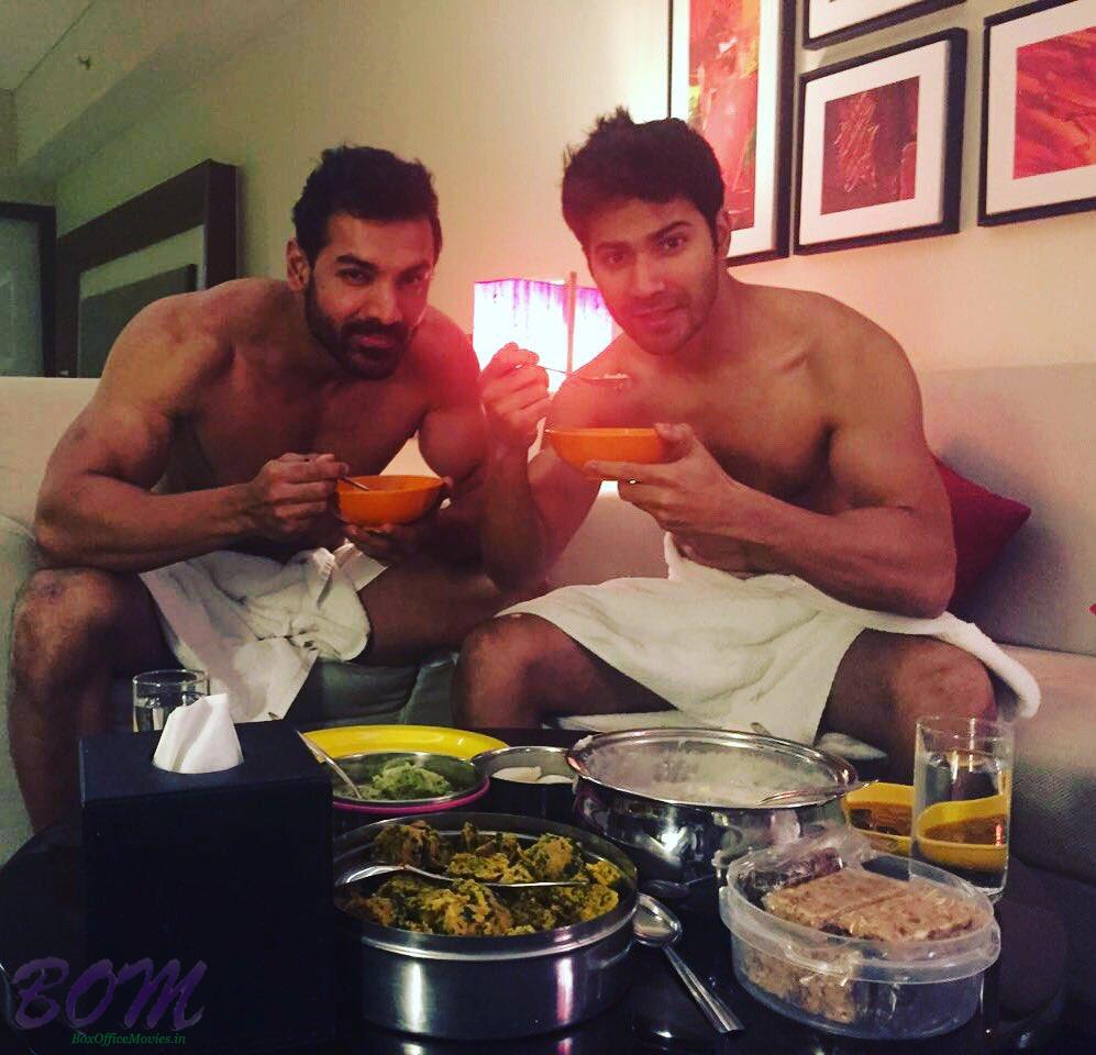 Varun Dhawan and John Abraham enjoying a deliciously heavy food