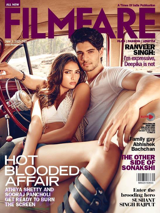 Hero 2015 movie stars Athiya Shetty and Sooraj Pancholi on the cover page of Filmfare June 2015 Issue