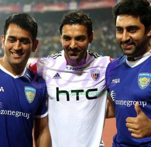 Mahendra Singh Dhoni, John Abraham and Abhishek Bachchan picture together