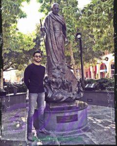 Ranveer Singh on Riverside, California with the statue of Mahatma Gandhi ji