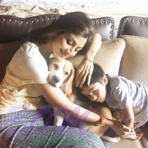 SHILPA SHETTY lazy Sunday 12 June 2016, with son Viaan and her Beagle