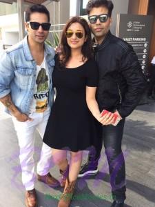 Varun Dhawan with Parineeti Chopra and Karan Johar during a Dubai lunchout