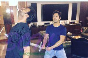 Varun Dhawan poses as Kattappa when swording to Prabhas